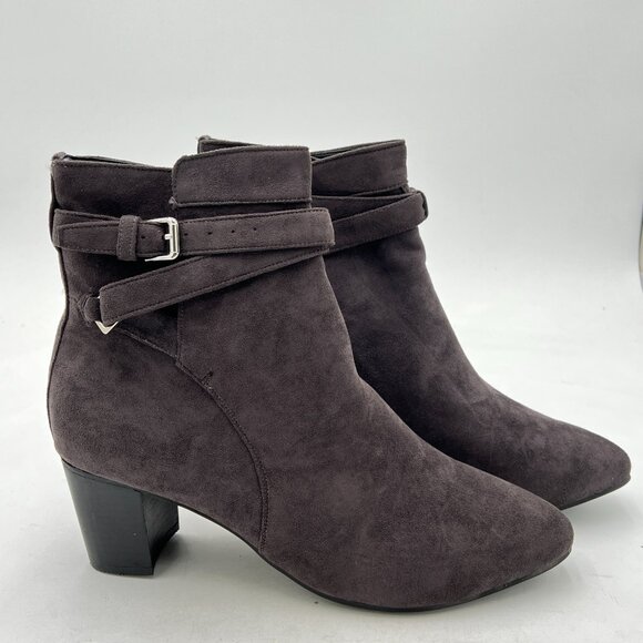 Dark Brown Block Low Heel Suede Cowgirl Boot Pull on Ankle Boot with Buckle - Picture 3 of 6